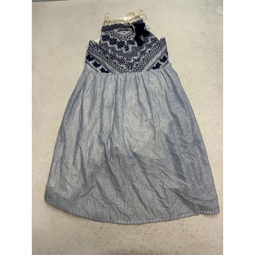 THML Dress Womens Small Blue Striped Embroidered Halter Tassel Sundress Boho